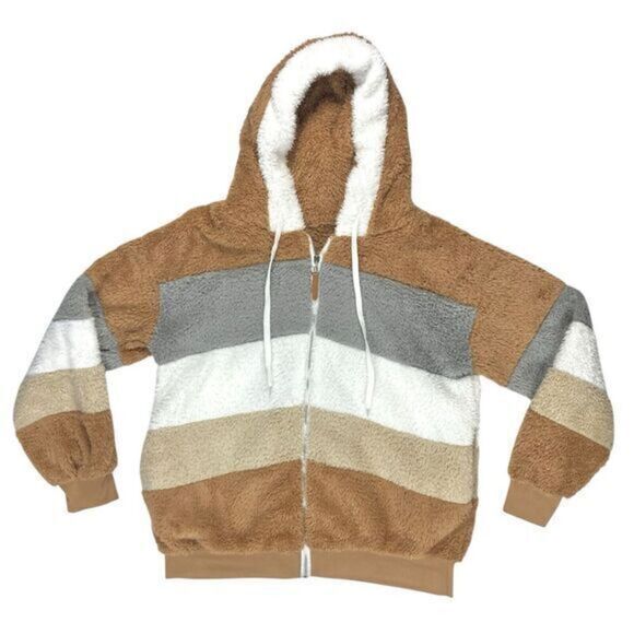 Womens XL Brown/Tan/Gray Stripe Colorblock Zip Front Cuddly Fuzzy Hooded Jacket - Picture 2 of 14